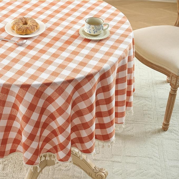 Softalker Fall Checkered Tablecloth 70 x 70 Inch Round, Heavy Weight Linen Cotton Gingham Thanksgiving Orange Table Cloth with Tassel, Wrinkle Free Buffalo Plaid Table Cover for Dining Party