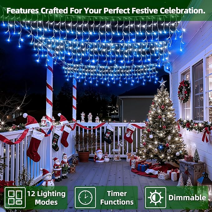 1620 LED 164FT Christmas Lights,360 Drops Icicle Lights with 12 Modes | Blue and White Icicle String Lights with Timer and Dimming for Rooflines, Large Eaves, Event Venues and Outdoor Displays