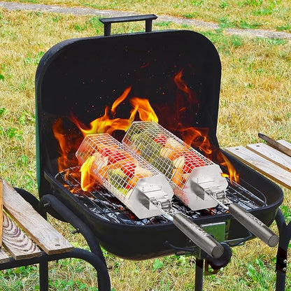 Grill Baskets Set, 2 PCS Stainless Steel Grill Baskets with Removable Wooden Handles, Nesting BBQ Tools, Hexagon Design for Outdoor Cooking Camping, Birthday Gifts for Men Dad Husband