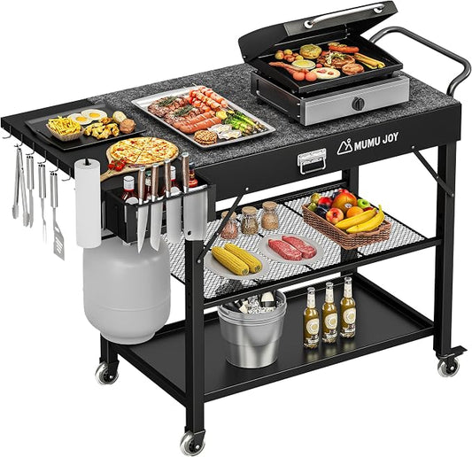 Grill Cart, 500lbs Heavy Duty Grill Table, 19 Inch Wider BBQ Prep Station with 3-Tier Storage, Lockable Wheels, Foldable Portable Outdoor Blackstone Stand Fits 22" Griddle, Tool-Free Setup