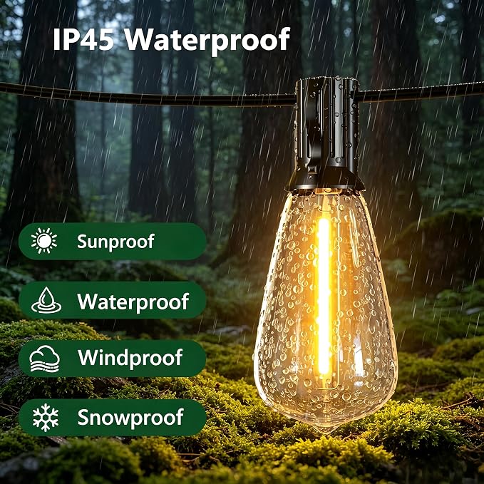Outdoor String Lights, Waterproof Shatterproof ST38 Vintage Bulbs | 50FT Length, Dimmable & Connectable, 2700K Warm White, ideal for Balcony, Porch, Party, Patio & Indoor Decoration