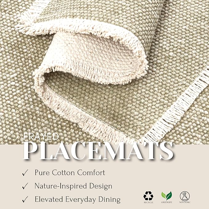 Hausattire Cotton Frayed Placemats Set of 4 Dining Table 13x19 Inch | Rustic Farmhouse Boho Washable Easter Placemat for Outdoor Parties BBQ's Wedding, Special Occasions, Nubby Cotton - Taupe