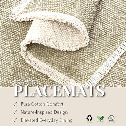 Hausattire Cotton Frayed Placemats Set of 4 Dining Table 13x19 Inch | Rustic Farmhouse Boho Washable Easter Placemat for Outdoor Parties BBQ's Wedding, Special Occasions, Nubby Cotton - Taupe