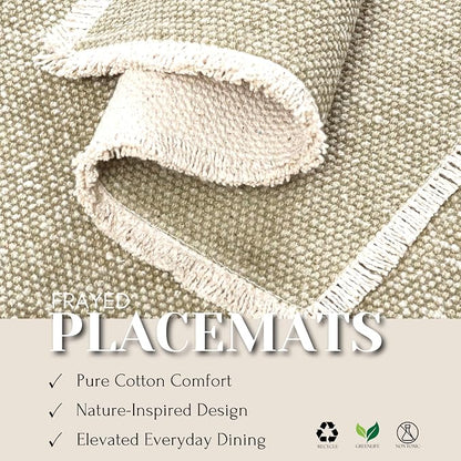 Hausattire Cotton Frayed Placemats Set of 6 Dining Table 13x19 Inch | Farmhouse Boho Washable Easter Placemat for Outdoor Parties BBQ's Holiday, Special Occasions, Nubby Cotton - Taupe