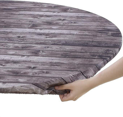 Brielle Home Easy Care Picnic Tablecloth Wood Printed Indoor Outdoor Elastic Cotton Fabric Fitted Dining Table Cover, 42" Round, Distressed Wood