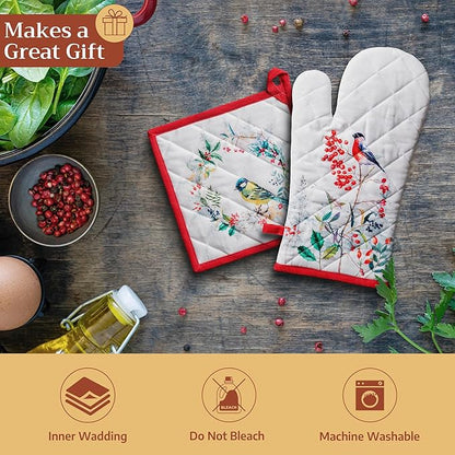 Maison d' Hermine Pot Holders Set 100% Cotton Heat Resistant Potholders 8" x 8" Hot Pads with Loop for Thanksgiving Christmas Decorations BBQ Cooking Baking Handling Hot Pans (Pack of 2, Morzine)