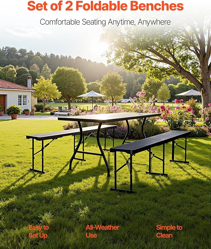 VEVOR Plastic Folding Bench, 6 ft Portable Bench for Outdoor Picnic Party Camping Dining, Foldable Smooth HDPE Seat for Garden Soccer Multipurpose Entertaining Activities, 1/2 Pack (2, Black, 6FT)