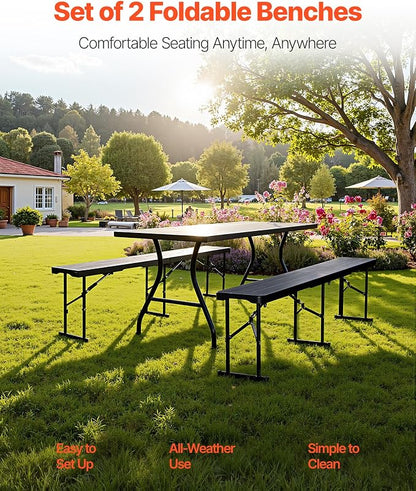 VEVOR Plastic Folding Bench, 6 ft Portable Bench for Outdoor Picnic Party Camping Dining, Foldable Smooth HDPE Seat for Garden Soccer Multipurpose Entertaining Activities, 1/2 Pack (2, Black, 6FT)