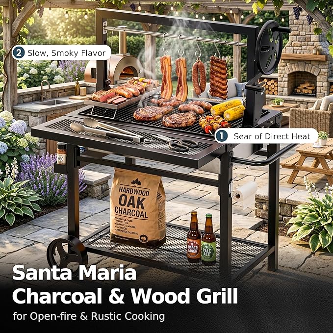 MFSTUDIO Santa Maria Grill, Charcoal & Wood BBQ Grill with Adjustable Height & Dual Porcelain-Enameled Charcoal Trays, Large Outdoor Open Fire Grill for Backyard, 666 SQ.IN. Cooking Area