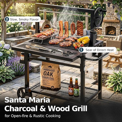 MFSTUDIO Santa Maria Grill, Charcoal & Wood BBQ Grill with Adjustable Height & Dual Porcelain-Enameled Charcoal Trays, Large Outdoor Open Fire Grill for Backyard, 666 SQ.IN. Cooking Area
