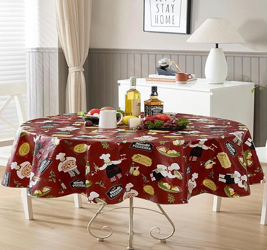 Newbridge 60 x 84 Inch Oval Vinyl Tablecloth with Flannel Backing, Italian Red Bistro Chef, Novelty Chef Indoor Outdoor Waterproof Table Cover for Picnic, Barbecue, Patio and Kitchen Dining