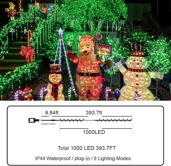 KNONEW 403ft 1000 LED Christmas String Lights Outdoor 8 Modes & Timer Fairy Light Plug in Waterproof LED Wedding Lights for Xmas Yard Tree Party Holiday Decor (Green)