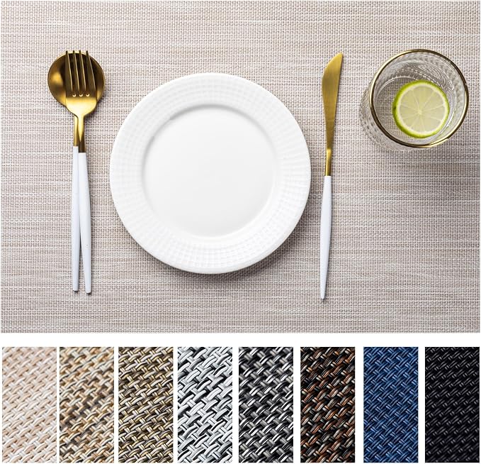 LEXMORE Placemats Set of 8 Vinyl/Plastic Woven Place Mats for Kitchen Table Indoor/Outdoor Washable Placemat Wipeable Dining Table Mats(Beige White)
