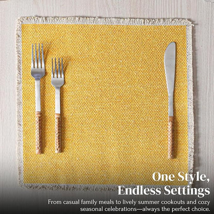Hausattire Cotton Frayed Placemats Set of 6 Dining Table 14x14 Inch | Rustic Vintage Boho Washable Easter Placemat for Outdoor Parties BBQ's Spring, Holiday, Special Occasions, Nubby Cotton - Yellow