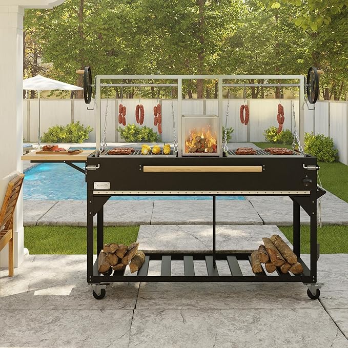 KoolMore 92 in. Charcoal and Wood BBQ Grill, Santa Maria Argentine Style Grill with Dual Adjustable Grate, Heavy Duty, in Black