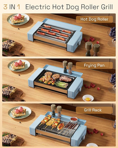 HBN Indoor Grill and Electric Griddle, 3-in-1 Smokeless Indoor Grill with Grill Rack & Nonstick Griddle & Sausage Grill Korean BBQ grill for Kitchen, Dishwasher Safe, 400F (Sky Blue)
