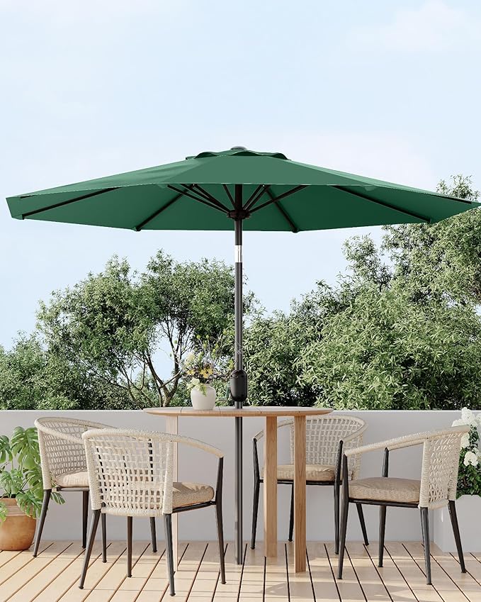 GarveeLife 9 ft Patio Umbrella, Outdoor Table Market Umbrella with Push Button Tilt and Crank, 8 Sturdy Ribs UV Protection Waterproof for Garden, Deck, Backyard, Pool (Dark Green)