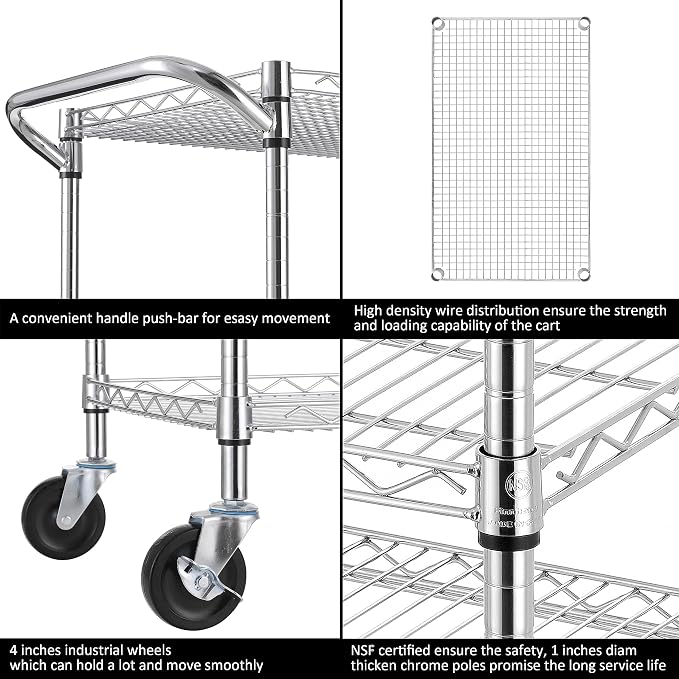 Finnhomy 3 Tier Heavy Duty Commercial Grade Utility Cart, Wire Rolling Cart with Pushing Handle Bar, Steel Metal Kitchen Service Trolly with Wheels, Shelf Size 18" D x 36" W, NSF, Chrome