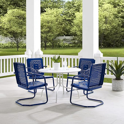 Crosley Furniture Bates 5-Piece Outdoor Dining Set for 4, Retro Metal Round Patio Table and Chairs for Deck, Navy Gloss