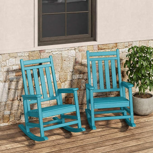Garvee HDPE Rocking Chair Outdoor Set of 2 - Poly High Back Porch Rocker Chairs for Adults - All Weather Resistant Furniture for Patio Front Porch - Lake Blue