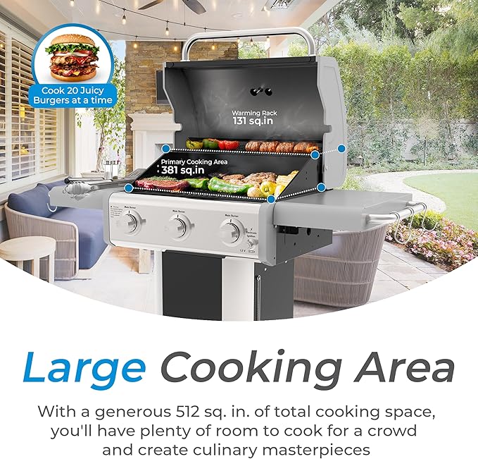 Kenmore 3-Burner Propane BBQ Grill, 30,000 BTUs Gas Grill with Cast Iron Cooking Grates, Folding Side Tables & Wheels, Outdoor Grill with Tool Hooks, Black