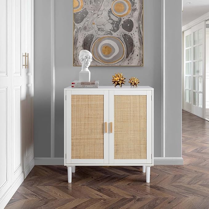 Finnhomy Sideboard Buffet Cabinet, Kitchen Storage Console with Rattan Decorated Doors, Liquor Buffet, Dining Room, Hallway, Cupboard Console Table, Accent Cabinet, 31.5X 15.8X 34.6 Inches, White