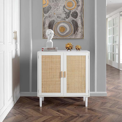 Finnhomy Sideboard Buffet Cabinet, Kitchen Storage Console with Rattan Decorated Doors, Liquor Buffet, Dining Room, Hallway, Cupboard Console Table, Accent Cabinet, 31.5X 15.8X 34.6 Inches, White