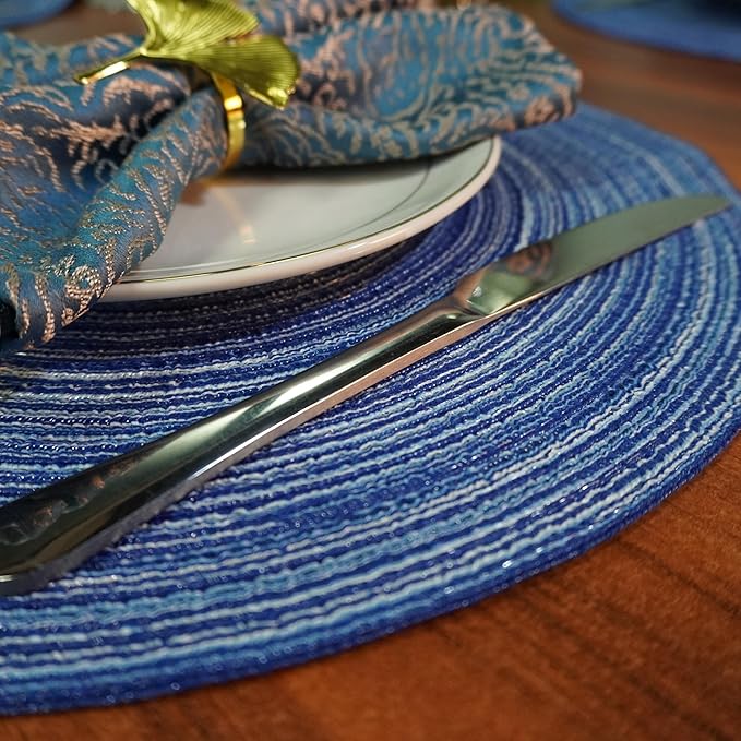 WAZAIGUR Red-A，Placemats,Round Placemats for Dining Table Set of 6 Woven Heat Resistant Non-Slip Kitchen Table Mats Diameter 14 inch(Blue)