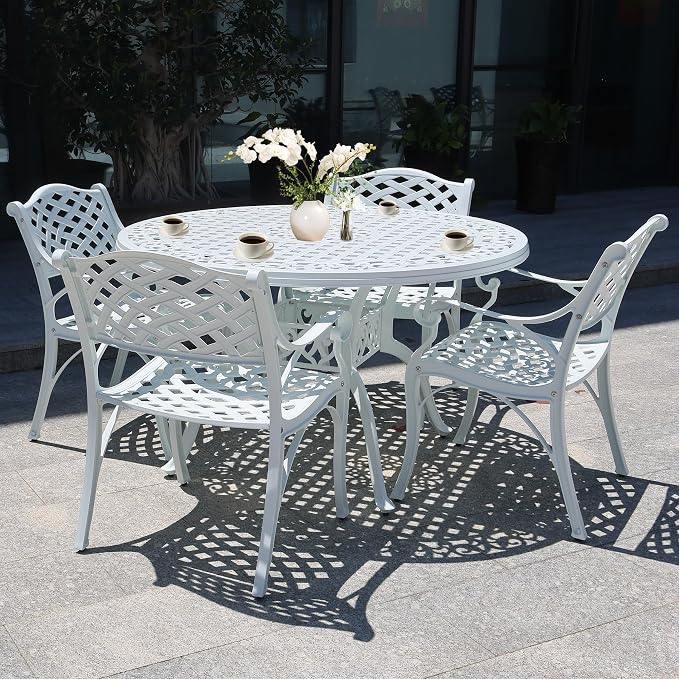 48.23" Patio Dining Table, All-Weather Cast Aluminum Table with 2.36" Umbrella Hole, Patio Furniture Table, Outdoor Dining Table for Backyard and Poolside