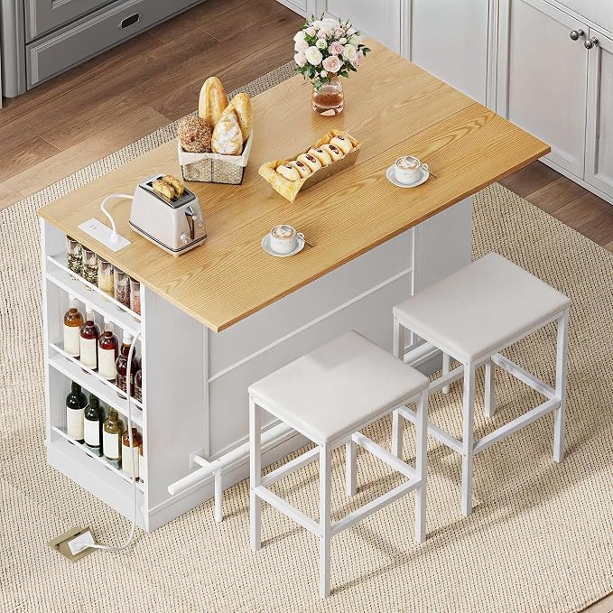 YITAHOME Kitchen Island with Seating | 47 Inch Mobile Storage Island with Drop Leaf, Power Outlet & Spice Rack, 2 Upholstered Stools and Footrest, White Oak