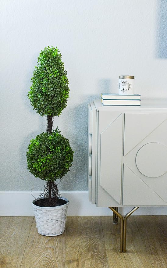 Admired by Nature 26" Artificial Topiary 2 Ball Shape Boxwood Topiary with Planter - For Home Decor, Offices, Indoor Outdoor Display - Green/Green Pot