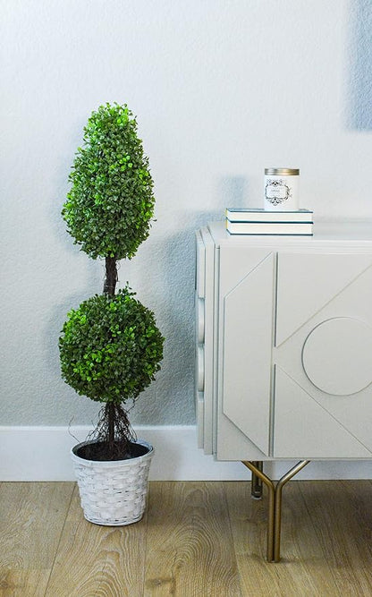 Admired by Nature 26" Artificial Topiary 2 Ball Shape Boxwood Topiary with Planter - For Home Decor, Offices, Indoor Outdoor Display - Green/Green Pot