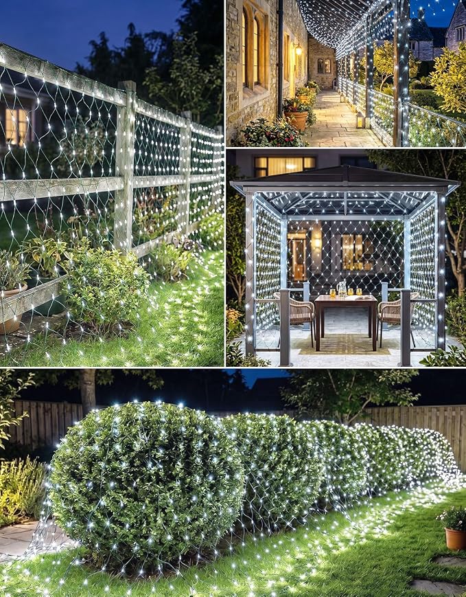 11.5x5FT Solar Christmas Net Lights Outdoor Waterproof with Remote | 240LED 8 Modes Solar & USB Powered Mesh Lights with Green Wire for Gazebo, Bush, Garden Shrubs, Lawn, Patio Decor, Cool White