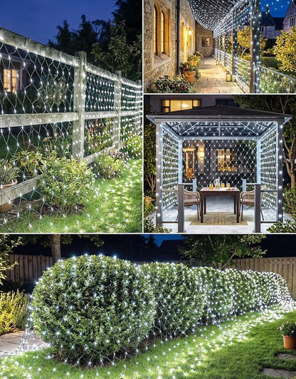 11.5x5FT Solar Christmas Net Lights Outdoor Waterproof with Remote | 240LED 8 Modes Solar & USB Powered Mesh Lights with Green Wire for Gazebo, Bush, Garden Shrubs, Lawn, Patio Decor, Cool White