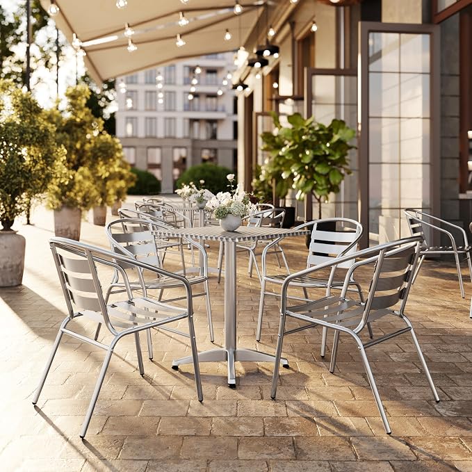 Flash Furniture 23.5 in Aluminum Square Bistro Table with 4 Chairs | Indoor/Outdoor Use, Slat Back, Slat Back Chairs