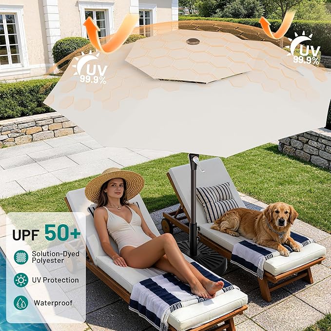 AreShark 9ft 2 Tiers Patio Umbrella - Outdoor Umbrella Waterproof UV Protection, Market Table Umbrella w/Push Button Tilt&Crank for Pool, Porch, Garden(Ivory)
