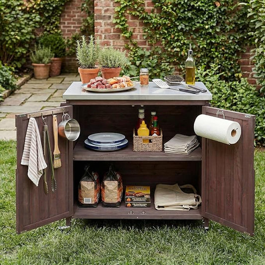 42.1" Outdoor Kitchen Island with Side Shelf, Grill Cart with Storage Cabinet & Stainless Steel Top, Adjustable Shelf, 4 Lockable Wheels for BBQ Pizza Prep