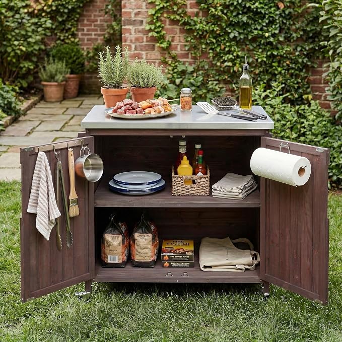 JIVOIT 39.4" Outdoor Kitchen Island with Stainless Table Top, Solid Fir Wood Storage Kitchen Cabinet with Drawer, Adjustable Shelves, Internal Storage Racks & 4 Wheels, Two Doors (Dark Brown/9)