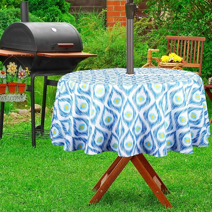 EHouseHome Outdoor Indoor 60inch Round Tablecloth with Umbrella Hole and Zipper, Waterproof Zippered Patio Cloths, Spring/Summer Table Covers for Backyard Circular Table/BBQs/Picnic