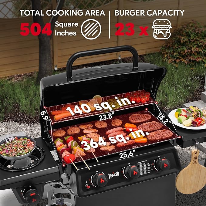 Feasto 3 Burner Propane Gas Grill with Side Burner, Porcelain-Enamel Main Body and Lid, Propane BBQ Grill with 38,000 BTUs Output & Side Table for Patio, Backyard, Poolside Gatherings