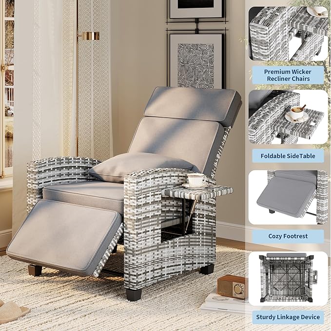 Garvee Outdoor Recliner Chair, Reclining Patio Chairs with 145° Adjustable Backrest & Footrest, Wicker Recliner Chairs with Flip Table and Removable Olefin Cushion for Poolside, Deck, Balcony, Gray