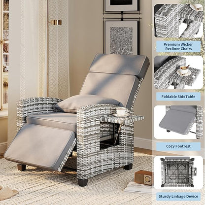 Garvee Outdoor Recliner Chair, Reclining Patio Chairs with 145° Adjustable Backrest & Footrest, Wicker Recliner Chairs with Flip Table and Removable Olefin Cushion for Poolside, Deck, Balcony, Gray