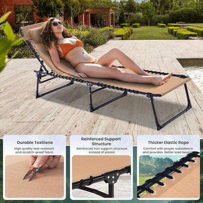 2 Pack Outdoor Folding Chaise Lounge 5-Position Adjustable Recliner 400LB Heavy Duty Portable Patio Camping Beach Chair, Beige