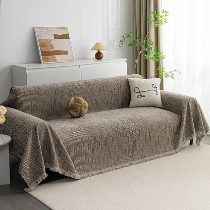 MYSKY HOME Couch Covers for 2 Cushion Couch Sectional Sofa, L Shape Sofa Protector Sand Chenille Couch Cover, Sofa Covers Washable Blanket with Tassel Pet Couch Cushion Cover, 71"X102"