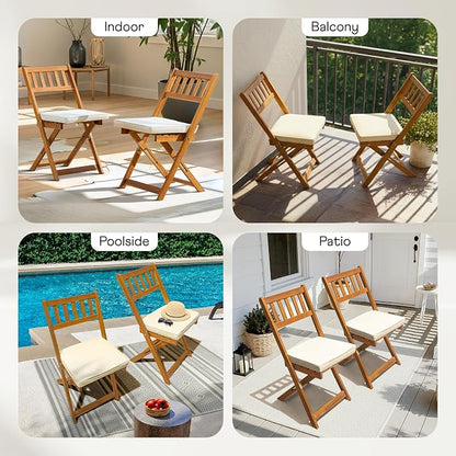 IDZO Serene Bistro Set – 2-Piece Foldable Acacia Wood Chairs with Cushions, FSC-Certified Durable Construction, Space-Saving Outdoor Seating for Balcony, Garden, Patio, or Porch
