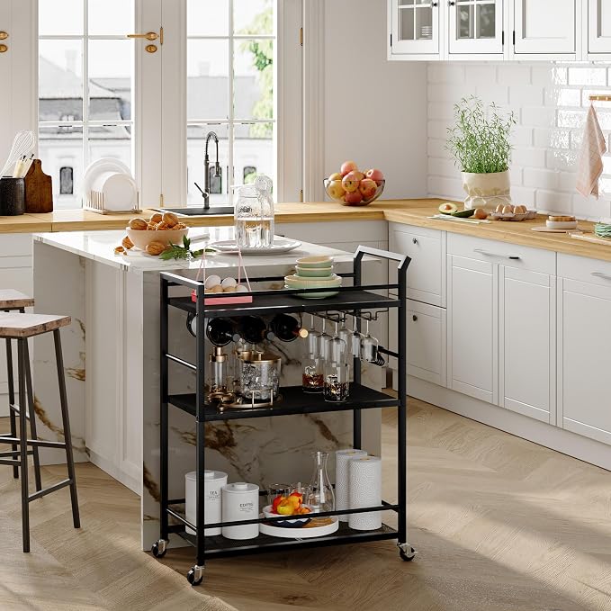 3 Tier Bar Cart, Small Beverage Cart, Mini Bar Cart with Wine Rack, Home Bar Serving Cart with Wheels for Kitchen Dining Living Room (Black, General) GBC507B