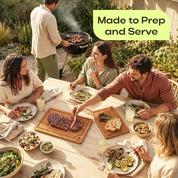 ROYAL CRAFT WOOD Wooden Cutting Boards for Kitchen Meal Prep & Serving - Bamboo Non Toxic Cutting Board Set with Deep Juice Groove Side Handles - Charcuterie & Chopping Butcher Block for Meat (2 Pcs)