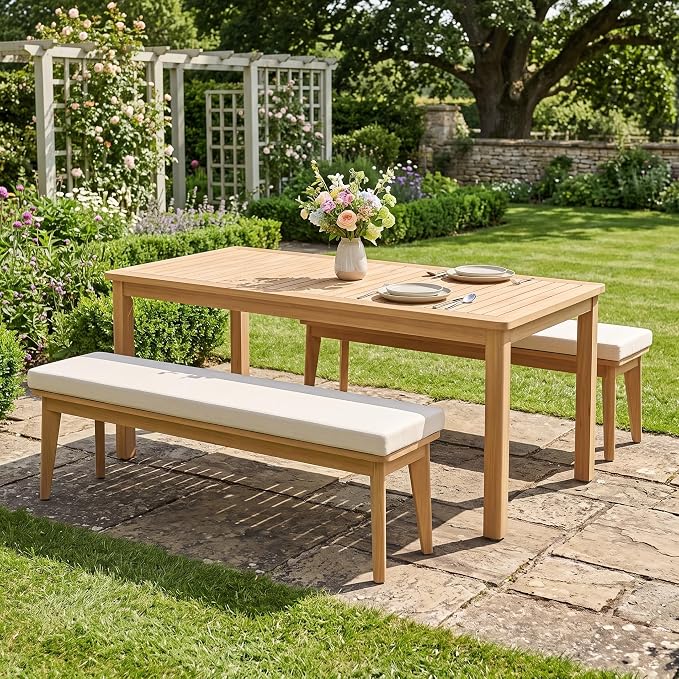 FansaFurn 3-Piece Acacia Patio Table and Chairs Set for All-Weather | Outside Furniture with Table Umbrella Hole and Removable Cushion, Backyard Furniture with Outdoor Bench for Garden Lawn
