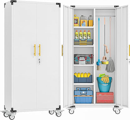 erosoei 71" Broom Storage Cabinet, Cleaning Tool Storage Cabinet, Garage Utility Storage with Hooks and Hanging Rods, Heavy Duty Garden Tool Organizer, for Home, Garage, Laundry Room, Gym, Workshop