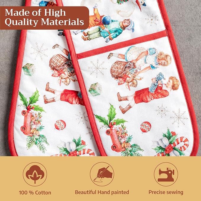 Maison d' Hermine Double Oven Mitts 100% Cotton Double Oven Glove (7"x35") | Heat Resistant BBQ Cooking Gloves with Loop Baking Kitchen Home Hotel Farmhouse Thanksgiving Christmas - Chromo